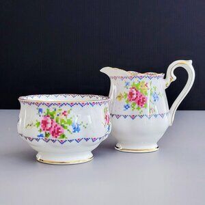 Vintage Royal Albert Petit Point Mini Creamer & Sugar Bowl Pixel Floral Design